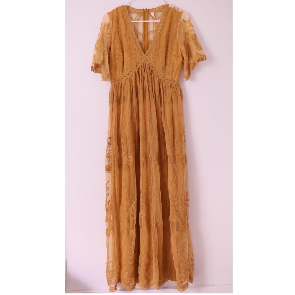 PinkBlush Mustard Lace Mesh Overlay Maternity Maxi Dress